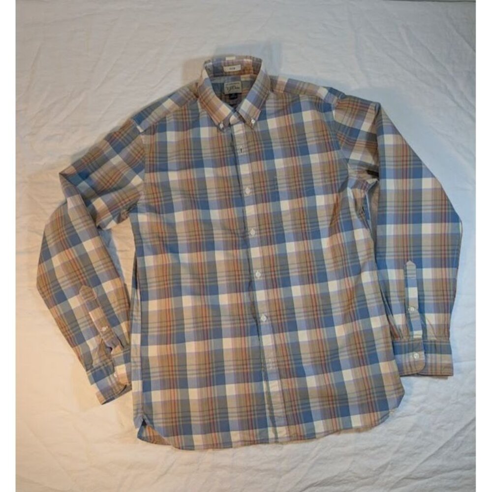 J. Crew Men's medium slim 100% cotton long sleeve plaid dress shirt nuetral T6